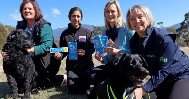 Kingborough Council’s Belinda Loxley, Sparking Conversations project manager Bree Hunter, Kingborough Deputy Mayor Clare Glade-Wright and the RSPCA’s Kerri Walsh, with Maggie and Harry
