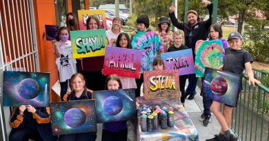 Crewative Arts Connect students show off their art work featuring their names and planets.